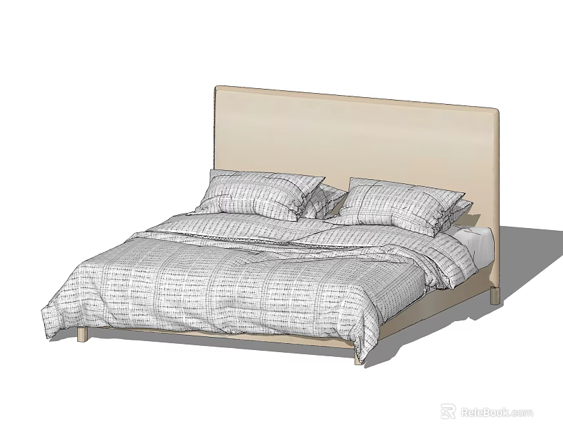 Modern Double Bed With Beige Headboard Plaid Bedspread And Pillows 3d model 