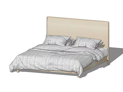 Modern Double Bed With Beige Headboard Plaid Bedspread And Pillows 3d model