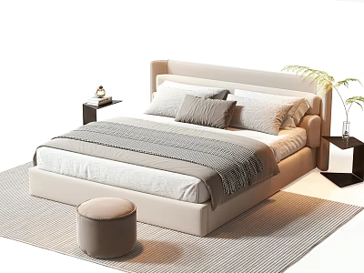 Double Bed with Beige Headboard White Gray Pillows Throw Blanket Round Ottoman and Striped Rug 3d model