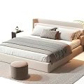 Double Bed with Beige Headboard White Gray Pillows Throw Blanket Round Ottoman and Striped Rug