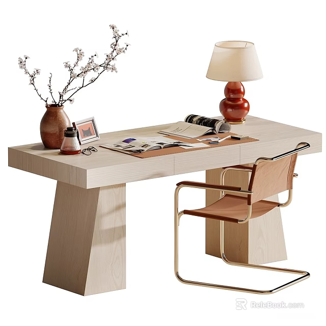 Modern Wooden Desk With Vase Branches Photo Frame Magazines And Table Lamp With Leather Chair 3d model 