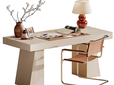 Modern Wooden Desk With Vase Branches Photo Frame Magazines And Table Lamp With Leather Chair 3d model