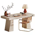 Modern Wooden Desk With Vase Branches Photo Frame Magazines And Table Lamp With Leather Chair