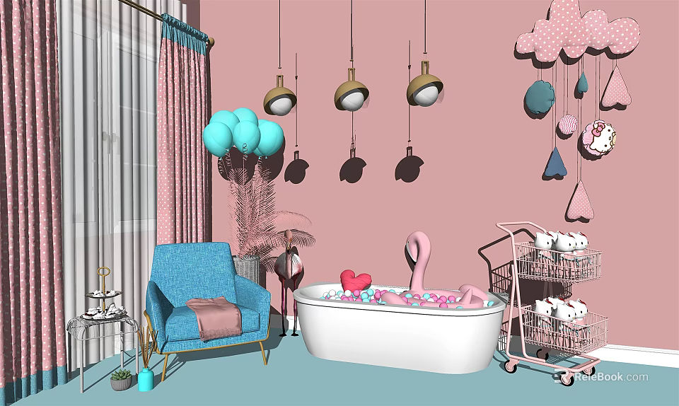White Bathtub with Flamingo Decor Pink Wall Hanging Lights and Blue Chair in Bathroom 3d model 