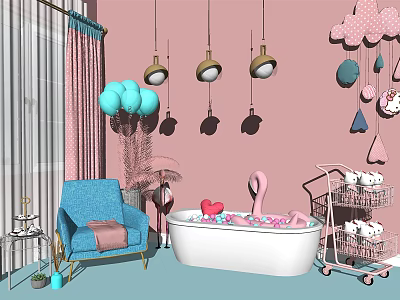 White Bathtub with Flamingo Decor Pink Wall Hanging Lights and Blue Chair in Bathroom 3d model