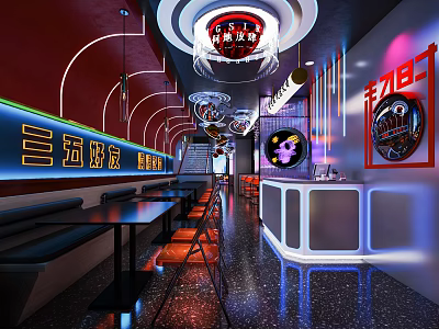 Red Neon Lit Restaurant With Dining Tables Bar Counter Staircase Chinese Sign And Circular Lights 3d model