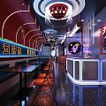 Red Neon Lit Restaurant With Dining Tables Bar Counter Staircase Chinese Sign And Circular Lights