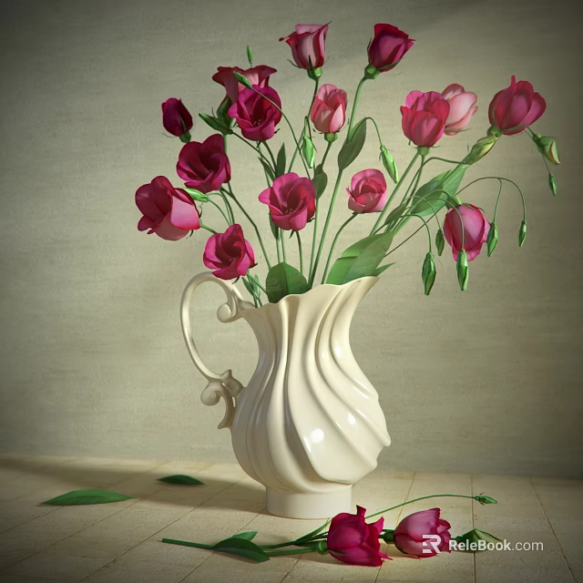 White Textured Vase With Fresh Pink Roses And Green Leaves On Neutral Background 3d model 