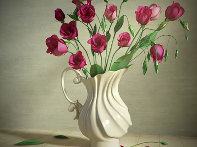 White Textured Vase With Fresh Pink Roses And Green Leaves On Neutral Background 3d model