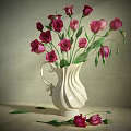 White Textured Vase With Fresh Pink Roses And Green Leaves On Neutral Background