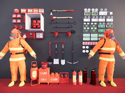 Complete Fire Equipment Set with Firefighter Uniforms Extinguishers Axes Tool Racks and Safety Signs 3d model