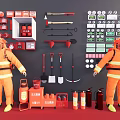 Complete Fire Equipment Set with Firefighter Uniforms Extinguishers Axes Tool Racks and Safety Signs