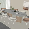 Modern Dining Table Set With Marble Top Wooden Legs Brown White Chairs And Potted Plant