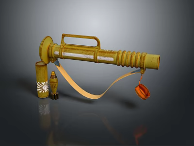 Vintage Yellow Flamethrower Weapon With Fuel Tank And Orange Strap 3d model