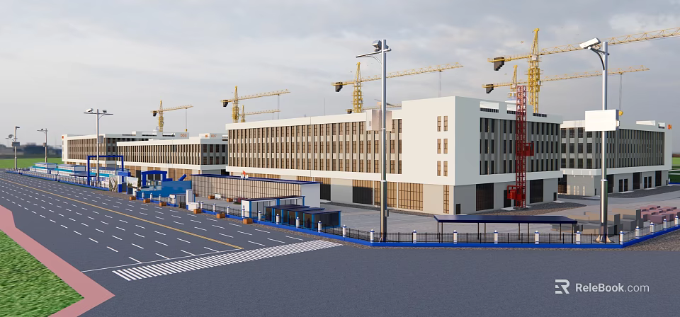 Modern Building Construction Site With Multiple Cranes Parking Lot And Road 3d model