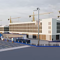 Modern Building Construction Site With Multiple Cranes Parking Lot And Road 3d model