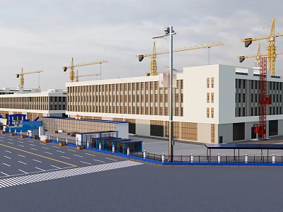 Modern Building Construction Site With Multiple Cranes Parking Lot And Road 3d model
