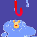 Cartoon Scene with Red and White Striped Umbrella Lightning Raindrops and Yellow Ducklings in Puddle