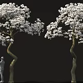 Two Trees with Curved Trunks Covered in White Flowers and Standing Human Figure Sculpture