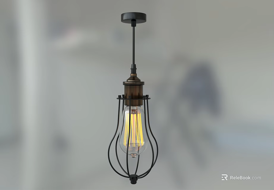 Industrial Vintage Pendant Light With Black Metal Cage Frame And Exposed Warm Filament Bulb 3d model 