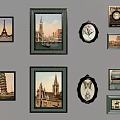 Wall Decor with Framed Architectural Paintings and Decorative Clocks 3d model