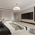 Modern Bedroom Interior With Two Beds Light Green Arched Walls Circular Decorations And Pendant Light 3d model