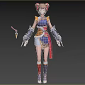Woman in Traditional Outfit with Double Buns Hairstyle Arm Guards Short Skirt and Sword Accessory