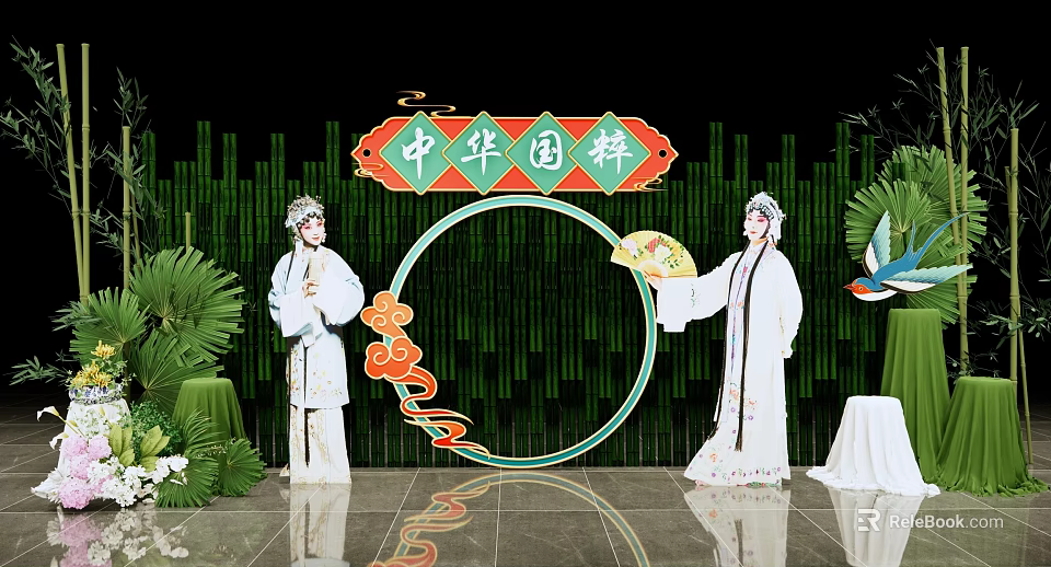 Traditional Chinese Opera Performers In Costumes With Bamboo Background And Circular Decor 3d model 