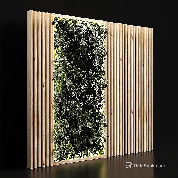Living Plant Wall Interior Decor With Wooden Slats Panel Background Design 3d model 
