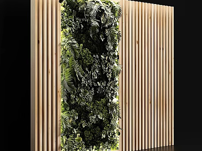 Living Plant Wall Interior Decor With Wooden Slats Panel Background Design 3d model