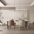 Modern Dining Room Interior With Round Table Beige Chairs Pendant Lights And Potted Plants