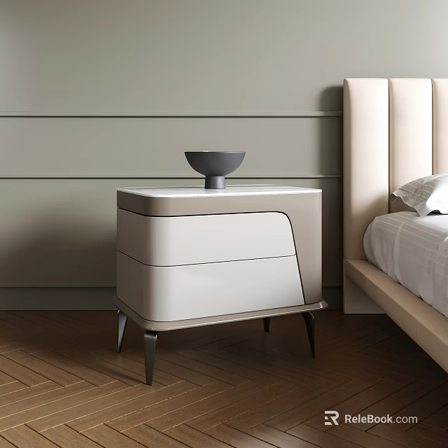 Modern Light Gray Bedside Table with Beige Drawers Black Legs and Decorative Bowl Next to Bed 3d model 