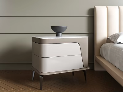 Modern Light Gray Bedside Table with Beige Drawers Black Legs and Decorative Bowl Next to Bed 3d model