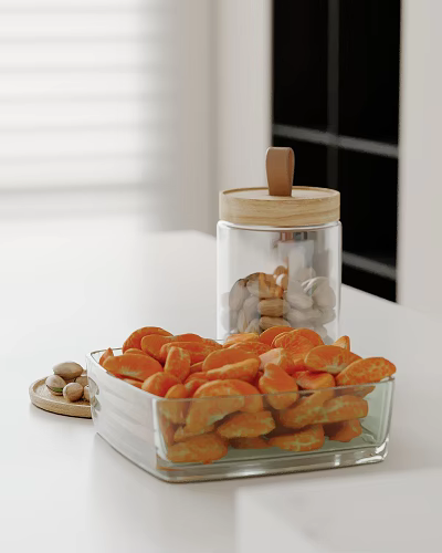 Decorative Glass Jar With Wooden Lid And Bowl Of Orange Cookies On Kitchen Counter 3d model