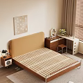 Cozy Double Bed with Yellow Headboard White Brown Bedding Nightstand Lamp Wall Art Brown Curtains