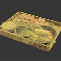 Fresh Assorted Foods in Wooden Tray with Pink Meat Slices Green Vegetables and Vermicelli