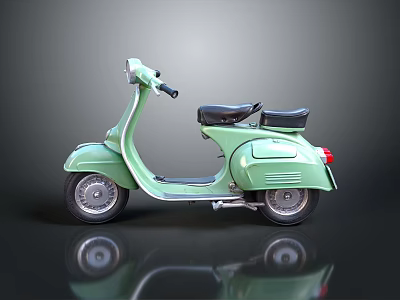 Light Green Vintage Scooter Motorcycle With Black Seat And Reflection On Dark Background 3d model