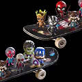 Fun Marvel Character Skateboard With Action Figure Toys On Deck Surface 3d model