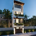 Modern Detached Villa With Greenery Covered Balconies Palm Trees And Illuminated Exterior Design