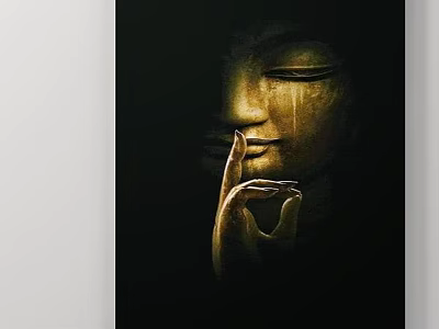 Abstract Painting Of Buddha Face With Mystical Hand Gesture And Golden Tones On Dark Background 3d model