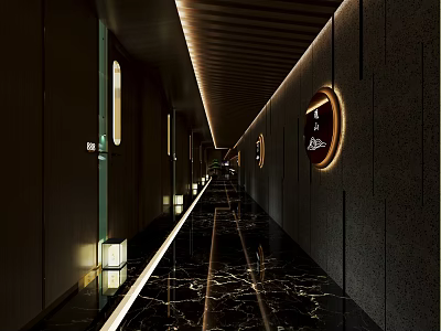 Stylish Dark Wall Corridor With Polished Marble Floor Decorative Paintings And Soft Lighting 3d model