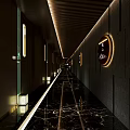 Stylish Dark Wall Corridor With Polished Marble Floor Decorative Paintings And Soft Lighting