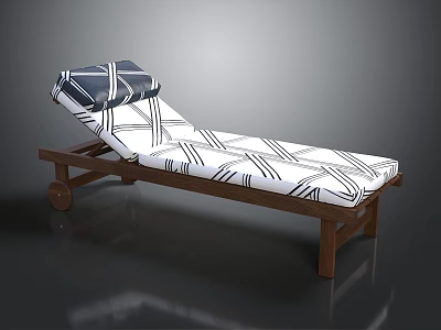 Chaise Lounge With Wooden Frame Wheels Black White Striped Cushion And Blue White Headrest 3d model