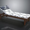 Chaise Lounge With Wooden Frame Wheels Black White Striped Cushion And Blue White Headrest