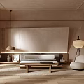 Modern Minimalist Bedroom Interior With Large Bed Wooden Floor Pendant Light Floor Lamp And Armchair