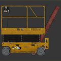 Yellow Industrial Scissor Lift With Guard Rails Red Fire Extinguisher And Four Wheels