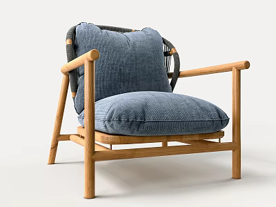 Modern Armchair With Wooden Frame Blue Fabric Cushion And Woven Backrest 3d model