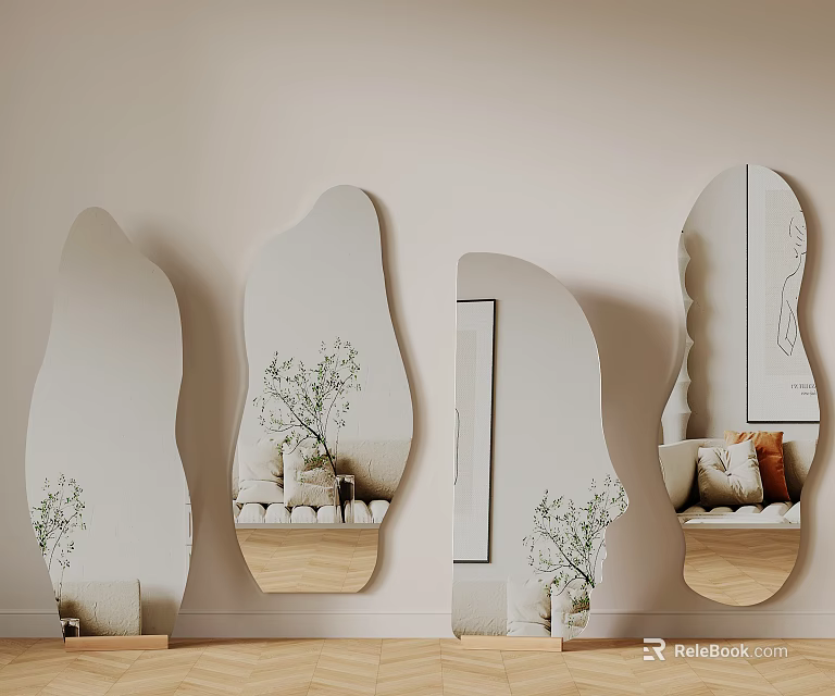 Elegant Unique Shape Mirrors Leaning Against Wall Reflecting Plants Vases Sofa Cushions Modern Interior 3d model 
