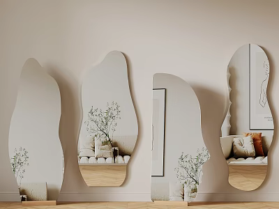 Elegant Unique Shape Mirrors Leaning Against Wall Reflecting Plants Vases Sofa Cushions Modern Interior 3d model