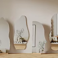 Elegant Unique Shape Mirrors Leaning Against Wall Reflecting Plants Vases Sofa Cushions Modern Interior